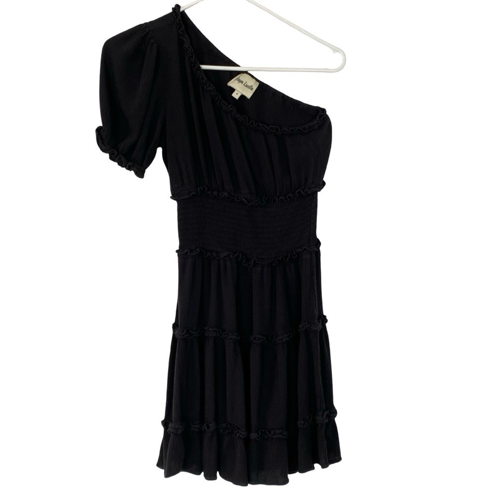 Playa Lucila One Shoulder Dress Womens Size Small Black Sundress Tiered Mini